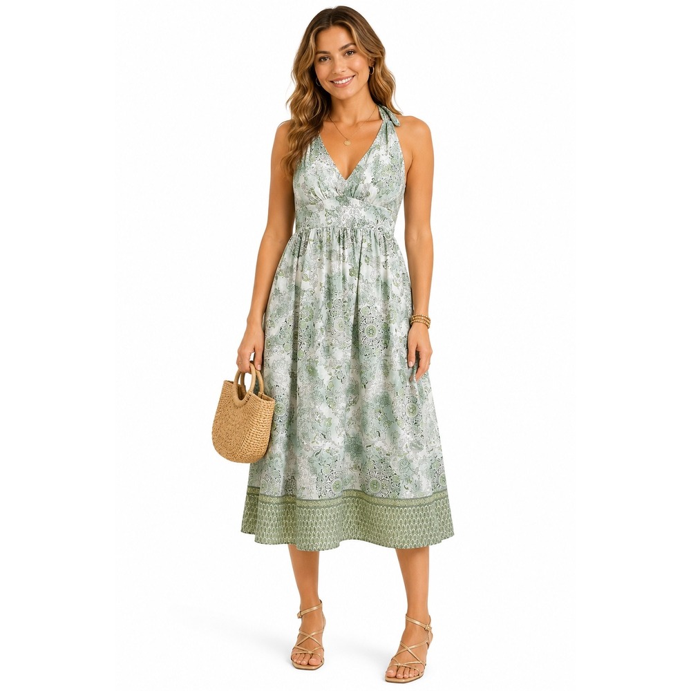 Alyn Paige S Green Paisley Floral Halter Midi Dress Empire Waist Garden Party